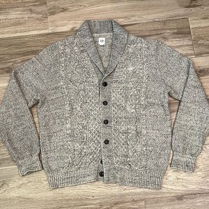 GAP Shawl Collar Cable Knit Button Up Cardigan, Men’s XL, Grey Heather EUC